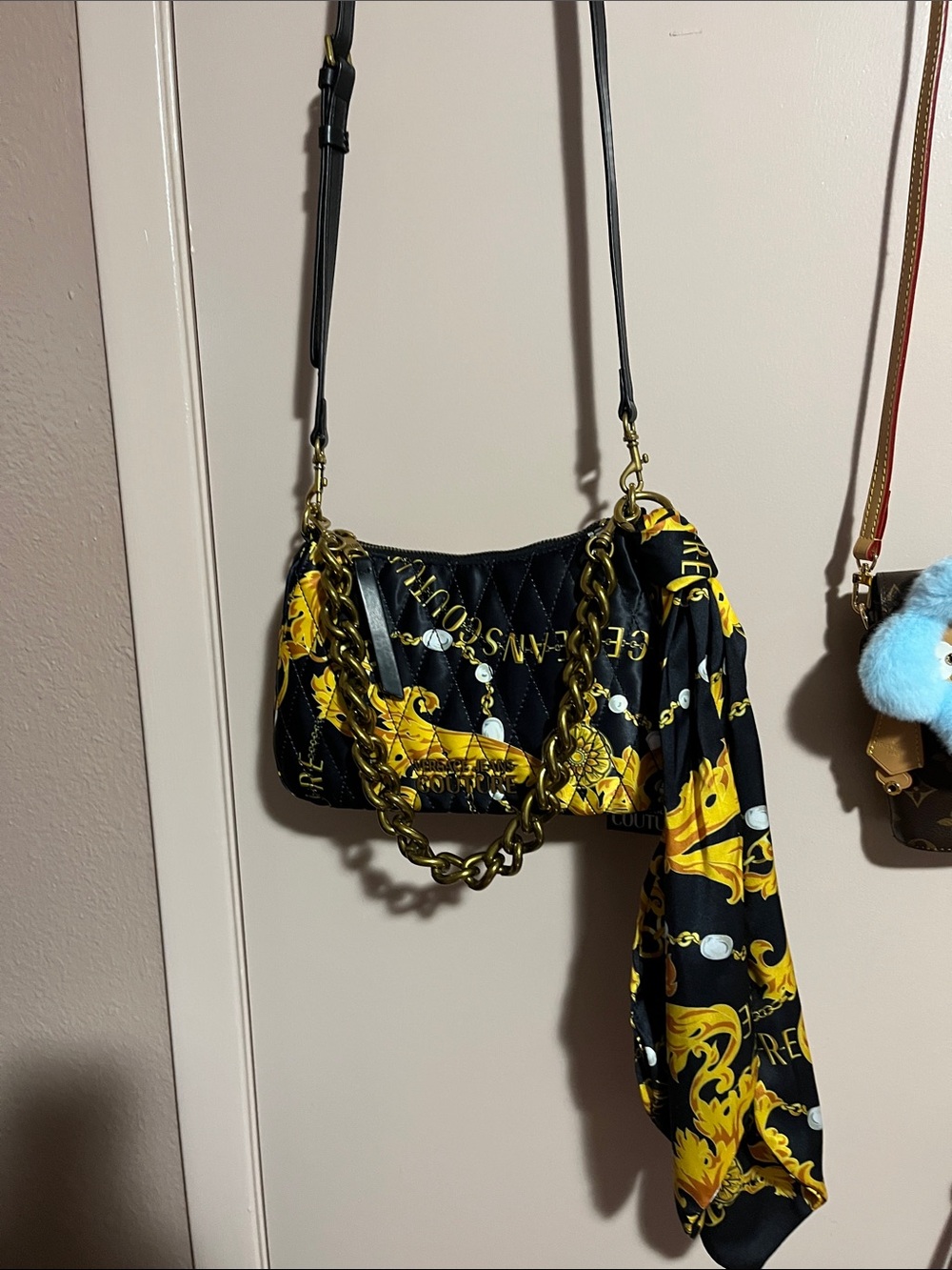 Versace Culture, Black, & Gold Quilted Shoulder Bag with Chain Accent